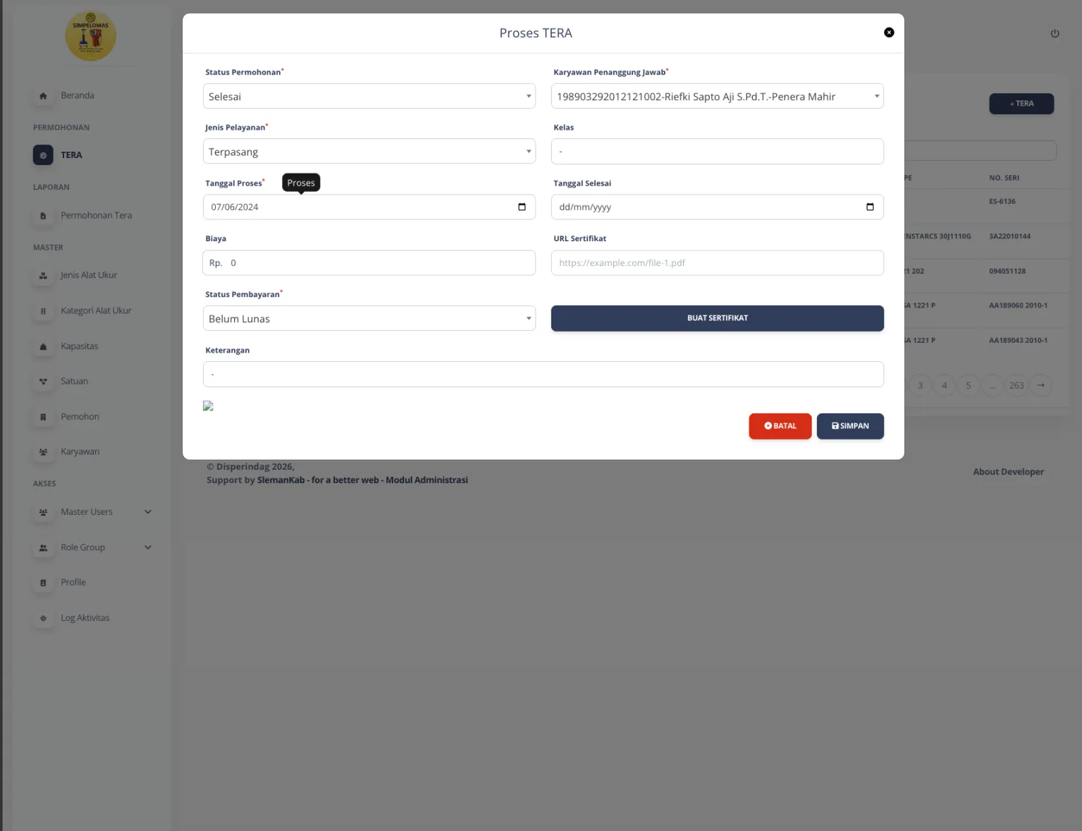 Tangkapan Layar Update Status Proses Permohonan TERA