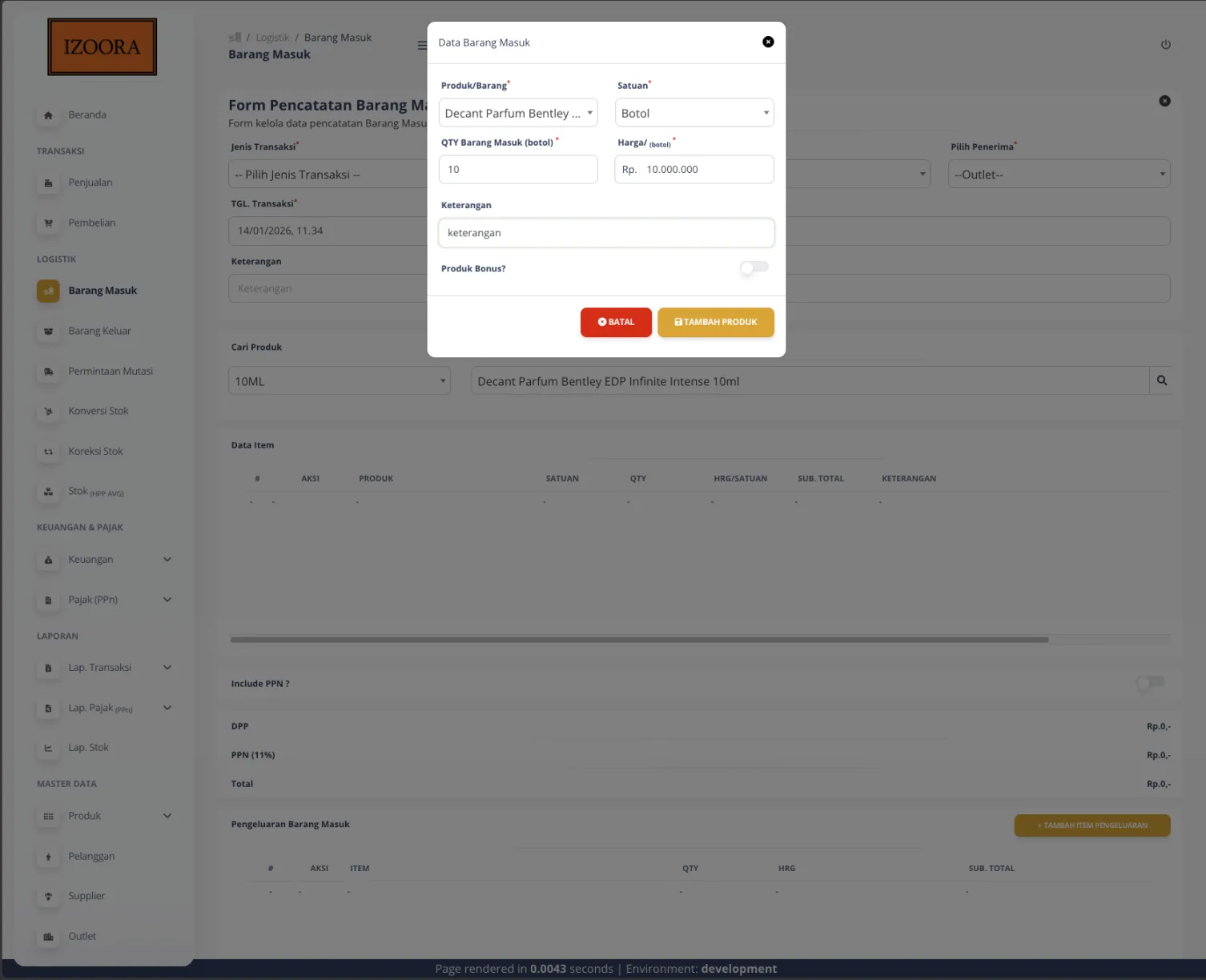 Tangkapan Layar Form Data Barang Masuk