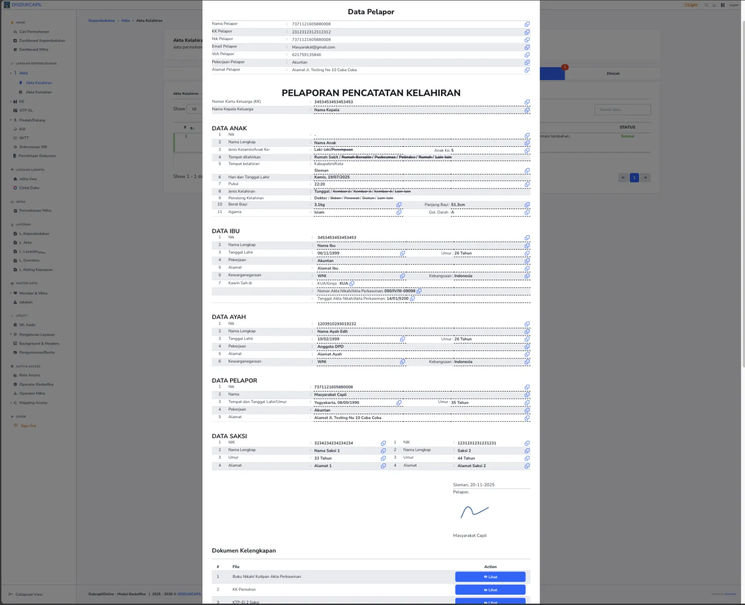 Tangkapan Layar Detail Permohonan Pencatatan Akta Kelahiran.
