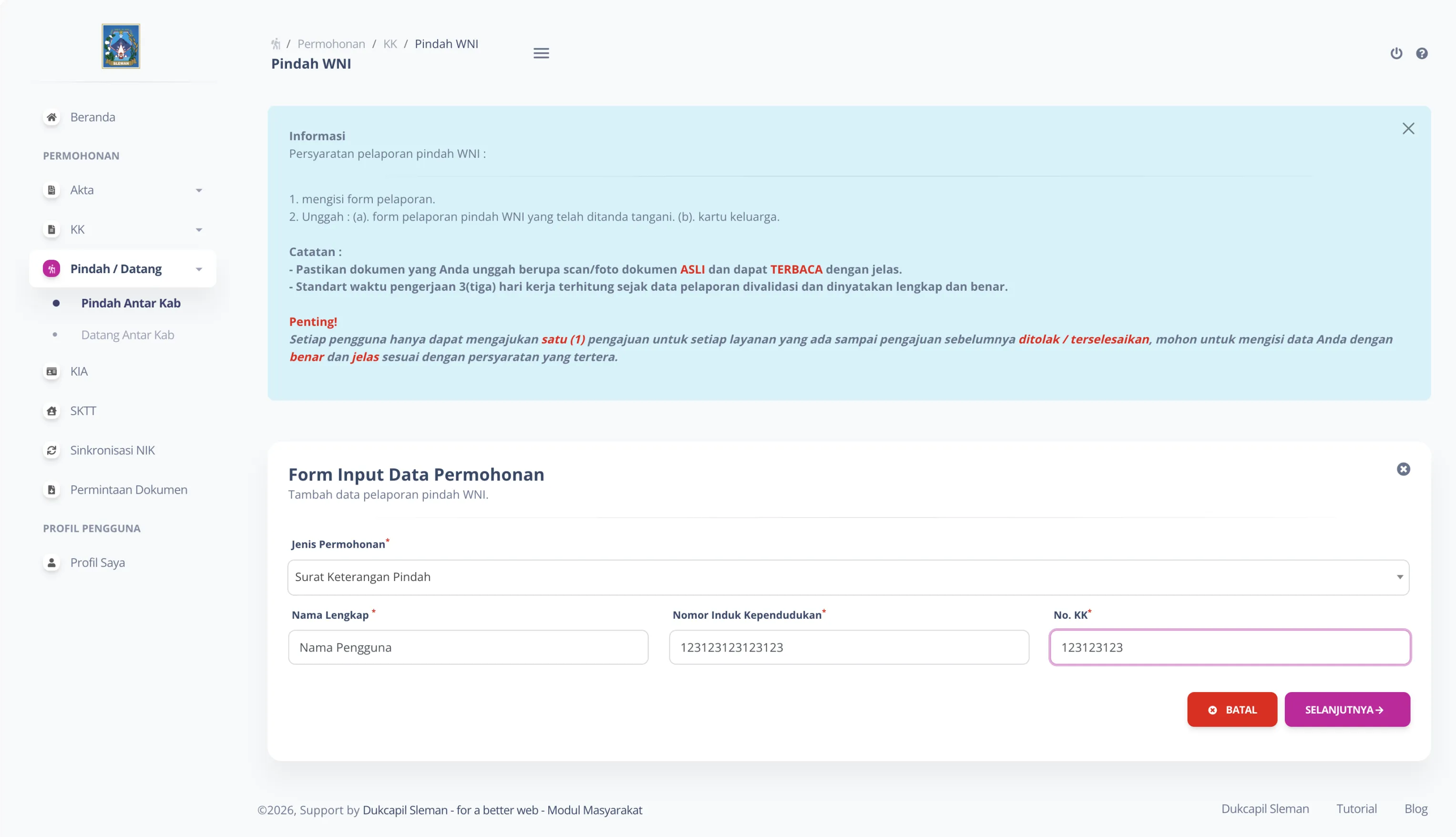 Tangkapan Layar Form Input Permohonan Pindah Antar