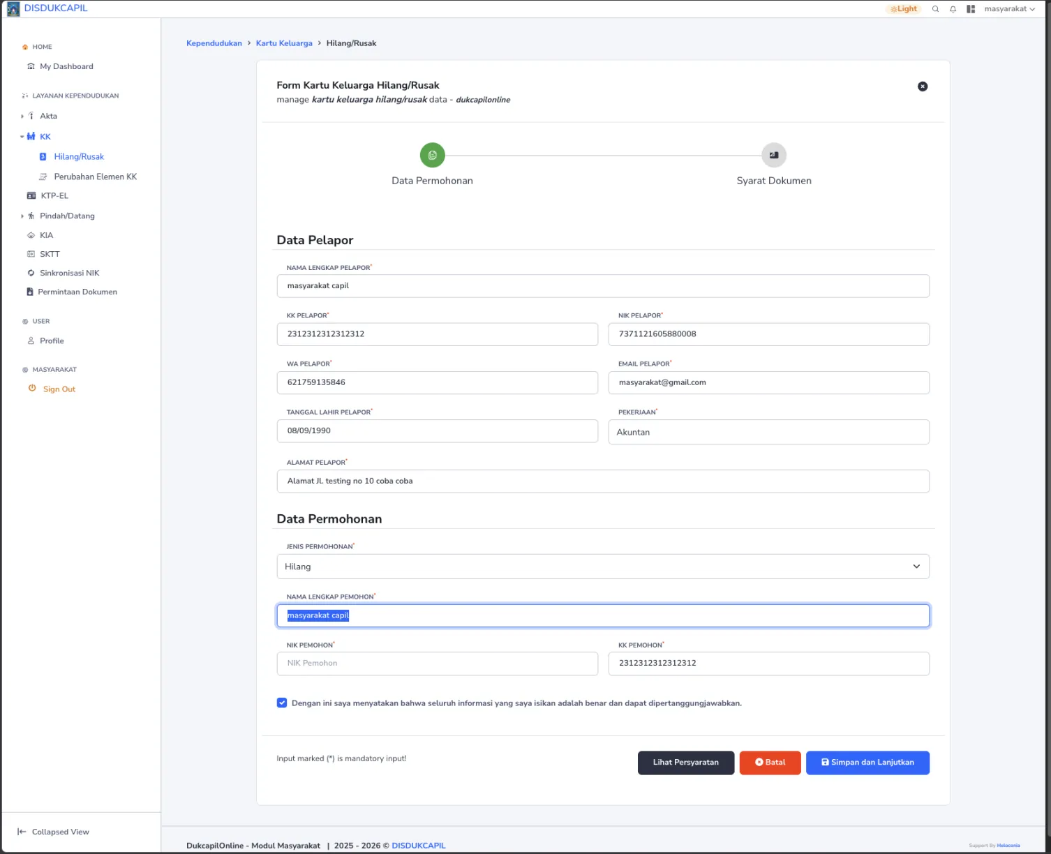 Tangkapan Layar - Form Input Data Kartu Keluarga Hilang/ Rusak